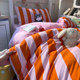 Qfdian  3pcs orange pink stripe Duvet Cover Set (1*Duvet Cover + 2*Pillowcase, Without Core),Bedding Set