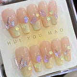 Qfdian Handmade French False Press On Nails Milk yellow With Rhinestones Full Cover Manicuree Decoration Wearable Artificial Nails