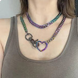 Qfdian  Rainbow Metal Cuban Long Layered Necklace for Women Adjustable Y-Shape Choker Chain Colorful Heart O-Ring Chunky Chain Jewelry