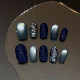 Qfdian  10Pcs Fake Nails Blue Cat-Eye Glitter Short-Length Press-On Nails for Fall/Winter Perfect Gift for Women and Friends