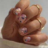 Qfdian 24Pcs Simple False Nails with Glue Short Almond Fake Nails Glitter Aurora Round Head Full Cover Nail Tips Oval Press on Nails