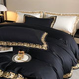 Qfdian 1000TC Egyptian Cotton Luxury Gold Embroidery Bedding Set Black Khaki Patchwork Duvet Cover Bed Sheet Fitted Sheet Pillowcases