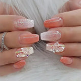 Qfdian 24Pcs Gradient Short Ballet Nails Set with Glue White Simple False Nails Coffin Fake Nail Press on Nails Full Cover Nail Tips