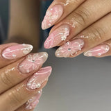 Qfdian 24pcs French Press on Nails Art Simple Pink Flower Star Design False Nail Tips Finished Mid-length Almond Fake Nail Set Manicure