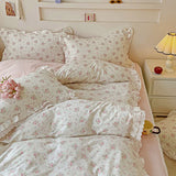 Qfdian 3/4Pcs Pastoral Floral Lace Ruffles 100% Cotton Bedding Set Single Queen Duvet Cover Bed Skirt/Bed Sheet/Fitted Sheet Pillowcase