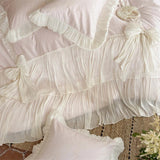 Qfdian  4Pcs Pink Ruffle Bow Lace Princess Wedding Bedding Set Lyocell Cotton Jacquard Duvet Cover Silky Soft Bed Linens Queen King Size