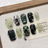 Qfdian  Gothic Starry Press On Nails With Metal Stars Rhinestones 3D Accessories Multiple Sizes Dark Green Translucent Metal Star Design