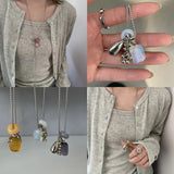 Qfdian Korean Colorful Stones Geometric Pendant Necklace for Women Simple Metal Grape Cluster Clavicle Chain Sweater Chain Jewelry Gift