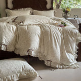 Qfdian 100% Cotton Pastoral Floral Print Ruffles Bow Princess Bedding Set Queen King Duvet Cover Set Bed Sheet/Fitted Sheet Pillowcases