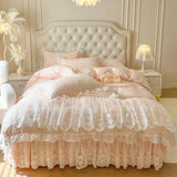 Qfdian 4/6Pcs Pink Princess Wedding Lace Embroidery Korean Style Bedding Set King Queen Size Duvet Cover Bed Skirt Bedspread Pillowcase