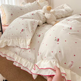 Qfdian  Korean Sweet Cherry Print Ruffles Bedding Sets oft Washed Cotton Duvet Cover Set Cute Princess Style Bedding for Girls Bedroom
