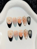 Qfdian  10Pcs INS Almond Shaped Handmade Fake Nails With 3D Floral Decor Gradient Cat-eye Press on Nails Fashion False Nail Patches