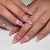 Qfdian  24pcs Press on Fake Nails Set Almond Wearable Simple French Flower False Nail Art Gold Beads Design Diamond Manicure Tips