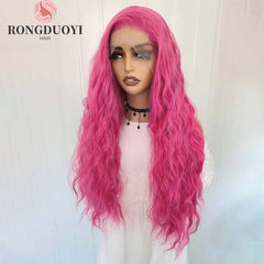 Qfdian 13X4 Rose Red Curly Wig Synthetic Lace Front Wig Natural Wavy Long Hot Pink Colored Hair Lace Frontal Wigs for Women Party Daily