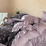 Qfdian 1000TC Egyptian Cotton Vintage Rose Prints Pleated Ruffles Purple Bedding Set Duvet Cover Flat/Fitted Bed Sheet Pillowcases 4Pcs