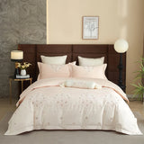 Qfdian  1000TC Egyptian Cotton Blooming Flower Embroidery Luxury Bedding Set Duvet Cover Flat Bed Sheet Pillowcases 4Pcs