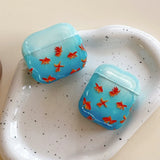 Qfdian sea blue goldfish pattern silicone wave earphone case for airpods 1 2 3 4 pro pro 2 protection cover lovely  koi fish pendant