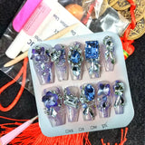 Qfdian 10Pcs High Quality Handmade Press on Nails Colorful Angel Heavy Industry Purple Sparkling Alien Diamond Nail Art Shows White