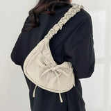 Qfdian Women Ins Casual Sweet Kawaii Bow Handbags Pleated Y2k Aesthetic Vintage Underarm Bag Fashion All Match Shoulder Crossbody Bags