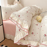 Qfdian  Korean Sweet Cherry Print Ruffles Bedding Sets oft Washed Cotton Duvet Cover Set Cute Princess Style Bedding for Girls Bedroom
