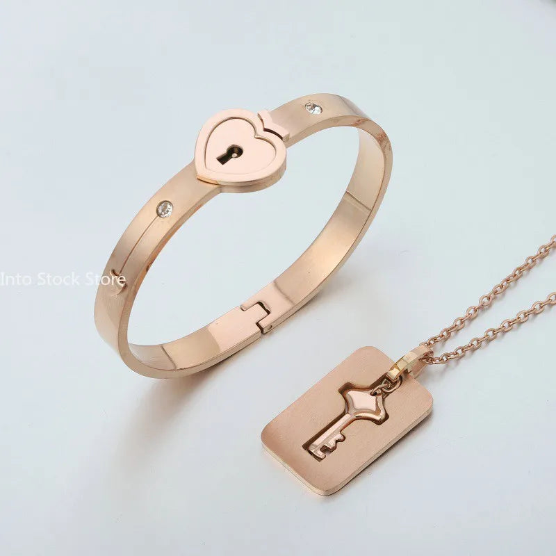 Stainless Steel Love Heart Lock Bracelets Bangles Key Pendant Necklace Couples Set Accessories  bracelets for women