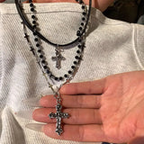 Qfdian  Gothic Punk Y2K Metal Cross Pendant Necklace For Women Men Lovers Vintage Multi Layer Bead Necklaces 90s EMO Charm Jewelry Gift