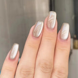 Qfdian 24Pcs Gradient Blue Fake Nails Simple Mid-length Ballet False Nails with Cat's Eye Design Press on Nails Full Cover Nail Tips