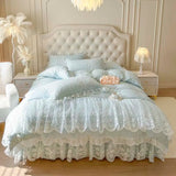 Qfdian 4/6Pcs Pink Princess Wedding Lace Embroidery Korean Style Bedding Set King Queen Size Duvet Cover Bed Skirt Bedspread Pillowcase