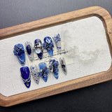 Qfdian  Deep Blue Dream Court Press On Nails 3D Rose Iridescent Rhinestone Flexible Resin Multiple Sizes Ideal for Court Outfits Dinners