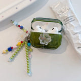 Qfdian  3D Flower Crystal Oil Painting Green Case For Airpods 4 anc keychain for airpods pro 1 2 3 Cover For Air Pods 3 Earphone Case