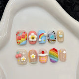 Qfdian  10pcs Sweet Cool Y2K Style Press on Nails 3D Cartoon Fake Nail Bow Heart Hand Painted False Nails Short Colorful Almond Nail Art