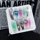 Qfdian  Galaxy False Nails Glitter Gradient Press on Nails with Star Moon Metal Decorations, Durable Acrylic Nails Comfortable Fit for