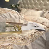 Qfdian Royal Golden Embroidery European Palace Luxury Bedding Set Champagne Brocade Egyptian Cotton Duvet Cover Bed Sheet Pillowcases
