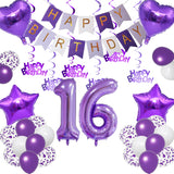 Qfdian  Purple White Foil Birthday Number Decorations Happy Birthday Banner Purple Happy Birthday Swirls Foil Heart Star Latex Balloons