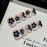 Qfdian 10Pcs Handmade Press On Nails Full Cover Cat Eye Black Flower Design French Short Ballerina Fake Nail Wearable Manicure Nail Tip