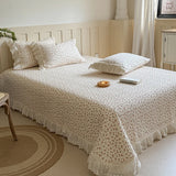 Qfdian 3/5Pcs Rose Floral Print Lace Ruffles Quilted Bedspread, Bed Cover, Mattress Topper Coverlet, Bed Sheet, With Pillowcases