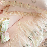 Qfdian  4Pcs Korean Style Lace Flowers Embroidery Princess Wedding Bedding Set Duvet Cover Bed Sheet/Fitted Sheet/Bed Skirt Pillowcases