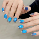 Qfdian  10pcs Handmade Press On Nails Blue Cat's Eye False Nails Deep Sea Bubble Decor Glitter French Fake Nails Fashion Flash Nail Art
