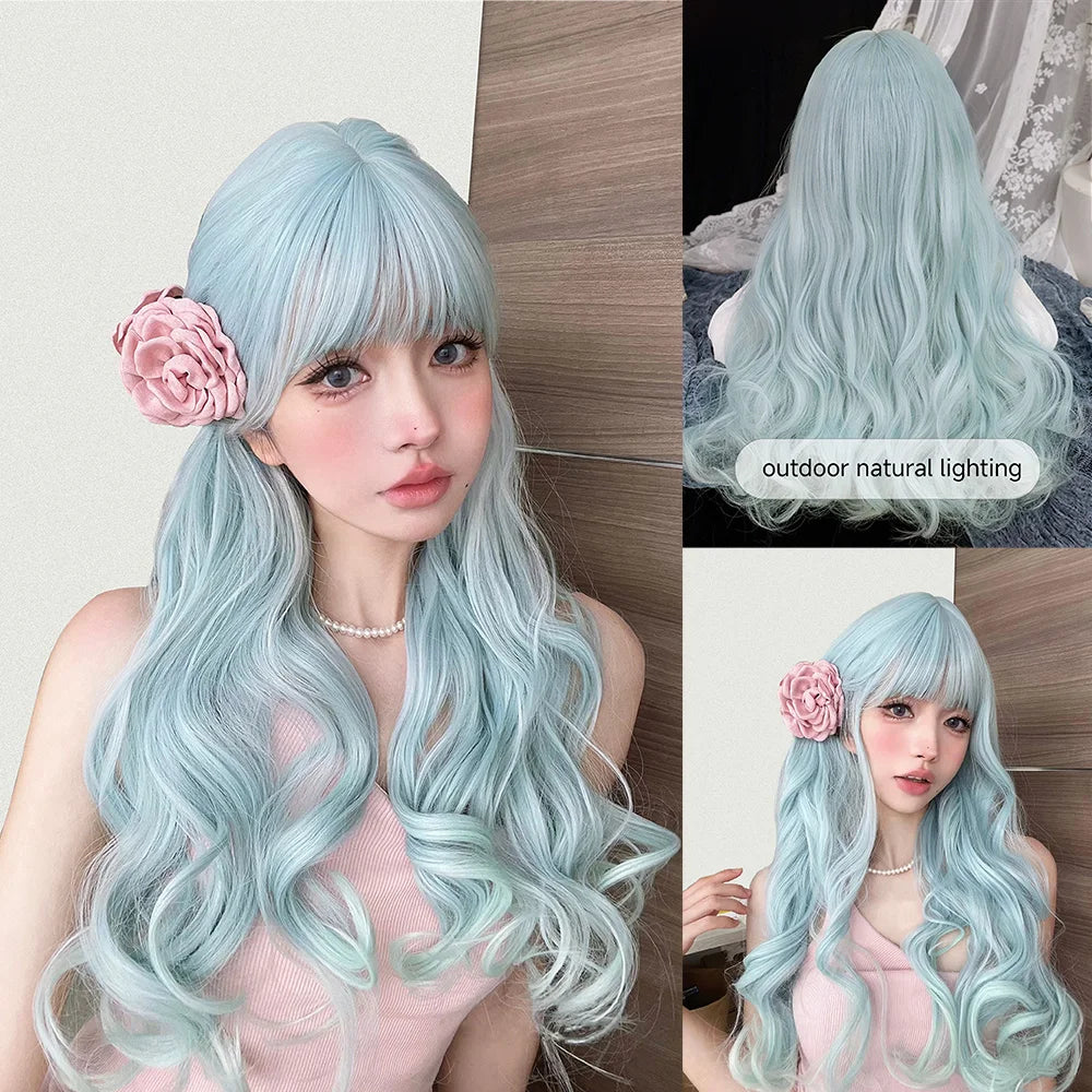 Qfdian 24Inch Sky Blue Refreshing Lolita Synthetic Wigs With Bang Long Natural Wavy Hair Wig For Women Daily Cosplay Heat Resistant