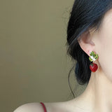 Qfdian Delicate Red Strawberry Flower Drop Earrings for Women 3D Simulated Fruit Green Leaves Earrings Girls Jewelry Accessories