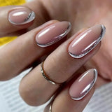 Qfdian 24Pcs Short Round Head False Nails Glitter Pink Almond Fake Nails Strawberry Full Cover Press on Nails Wearable Nail Tips