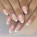 Qfdian 24Pcs Solid Nude Color Fake Nails with Jelly Glue Short Almond Press on False Nails Wearable Oval Finished Full Cover Nail Tips