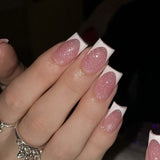 Qfdian  24pcs Smudging Blush Pink Fake Nail Tips Shiny Sequins Gentle False Nails For Women Girls Ballerina Wearable Sweet Press On Nail