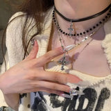 Qfdian Personalized Punk Star Heart Cross Chain Double Layer Necklace For Men Women Y2K Fashion Trend Rock Party Grunge EMO Accessories