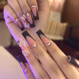 Qfdian 24Pcs Extra Long Square Fake Nail with Glue 3D Little Bear Bow Design False Nails White French Press on Nails Wearable Manicure