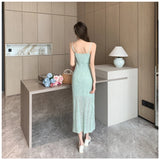 Qfdian  Summer Fashion Mint Green Knitted Women's Sling Dresses Korean Casual Waist Wrapped Women Vacation Style Hip Wrap Dress