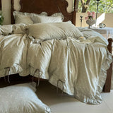 Qfdian 100% Cotton Pastoral Floral Print Ruffles Bow Princess Bedding Set Queen King Duvet Cover Set Bed Sheet/Fitted Sheet Pillowcases