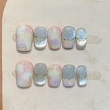 Qfdian  10pcs Rose Girl Press on Nails Sweet Pearl Bowknot False Nails Cat Eye Gold Foil Acrylic Fake Nails French Short Square Nail Art