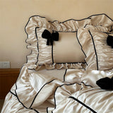 Qfdian  Vintage French Ruffled Ruffles Bow Bedding Set Silky Brocade Egyptian Cotton Duvet Cover Flat Bed Sheet Pillowcase 4/5Pcs