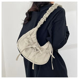 Qfdian Women Ins Casual Sweet Kawaii Bow Handbags Pleated Y2k Aesthetic Vintage Underarm Bag Fashion All Match Shoulder Crossbody Bags